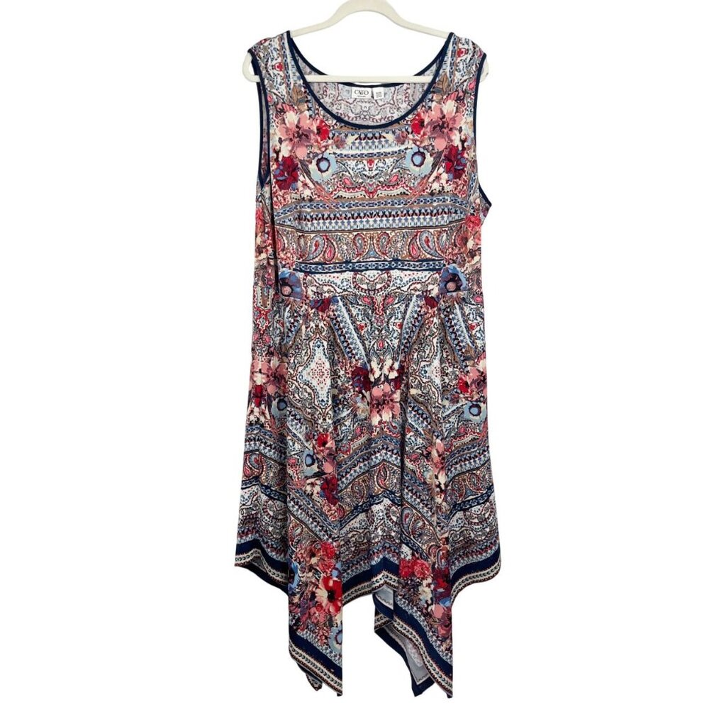 Cato Blue & Red Floral Print Asymmetrical Midi‎ Dress Boho - Size 18/20